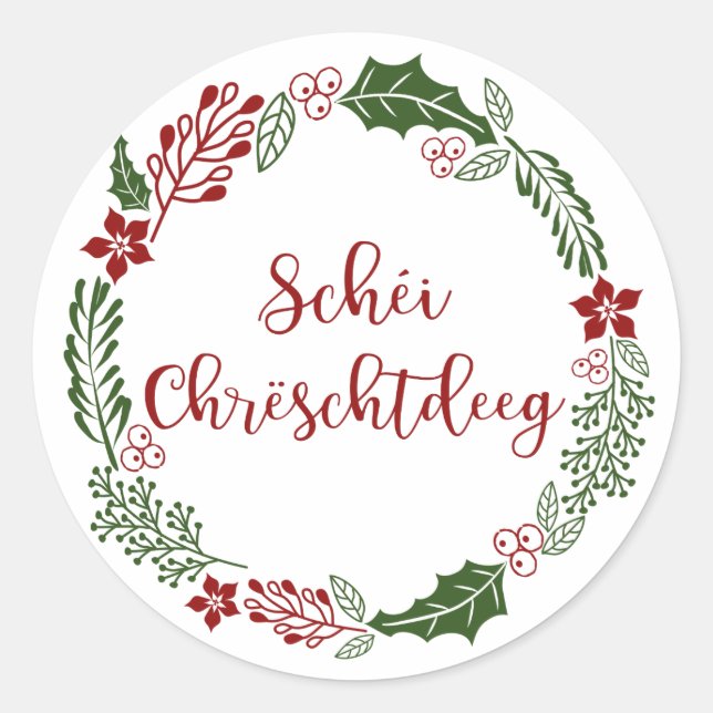 Pegatina Redonda Feliz Navidad luxemburguesa, Schéi Chrëschtdeeg (Anverso)