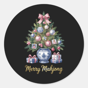 Pegatina Redonda Feliz Navidad Mahjong Árbol Navideño Jarrón Festiv