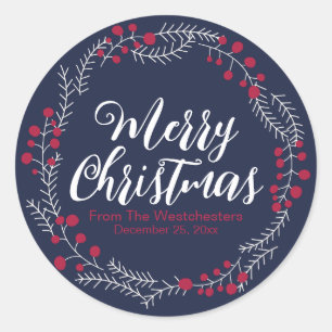 Pegatina Redonda Feliz Navidad marina azul guión rojo guapa