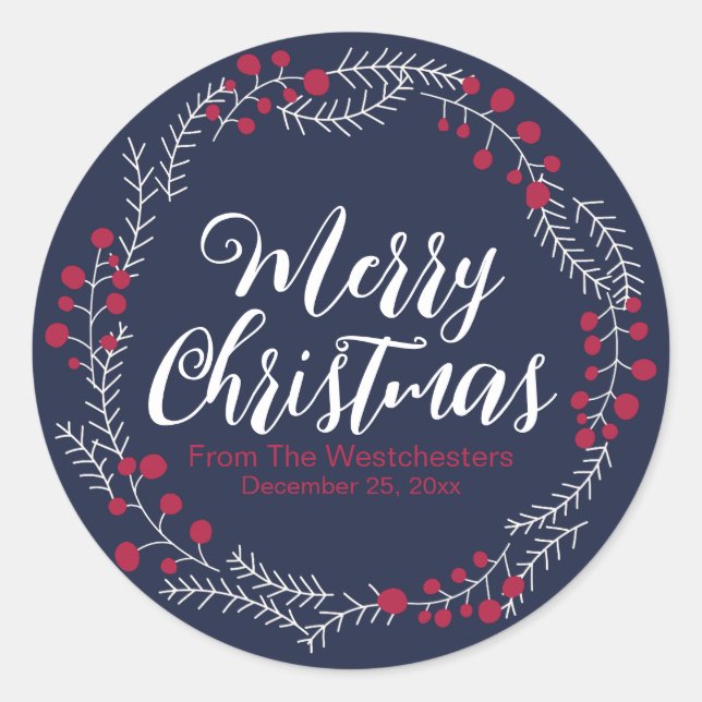 Pegatina Redonda Feliz Navidad marina azul guión rojo guapa (Anverso)