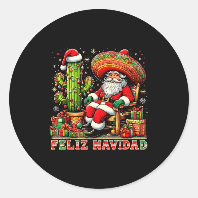 Pegatina Redonda Feliz Navidad Mexican Christmas Santa Sombrero Cac (Anverso)
