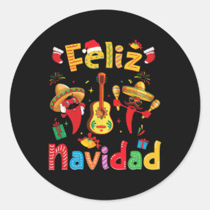 Pegatina Redonda Feliz Navidad México Fiesta Hot Pepper Guitar Xma