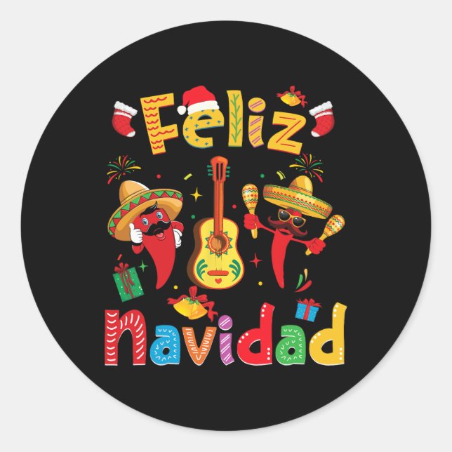 Pegatina Redonda Feliz Navidad México Fiesta Hot Pepper Guitar Xma (Anverso)