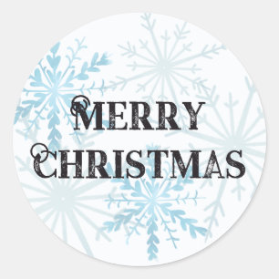 Pegatina Redonda Feliz Navidad Minimalista Copo de Nieve Azul Claro