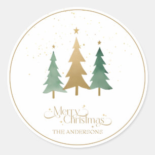 Pegatina Redonda Feliz Navidad Minimalista Pine Trees Blanco