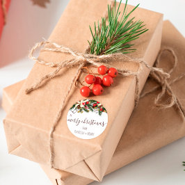 Pegatina Redonda Feliz Navidad moda floral verde pino rojo floral