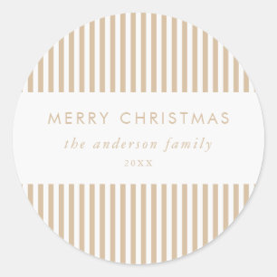 Pegatina Redonda Feliz Navidad Modernas Rayas Beige