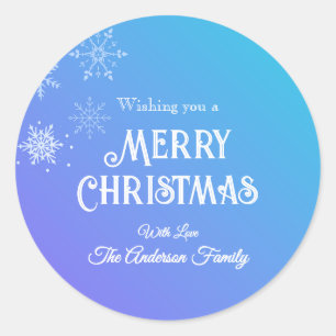 Pegatina Redonda Feliz Navidad Moderno Copo de Nieve Púrpura Azul