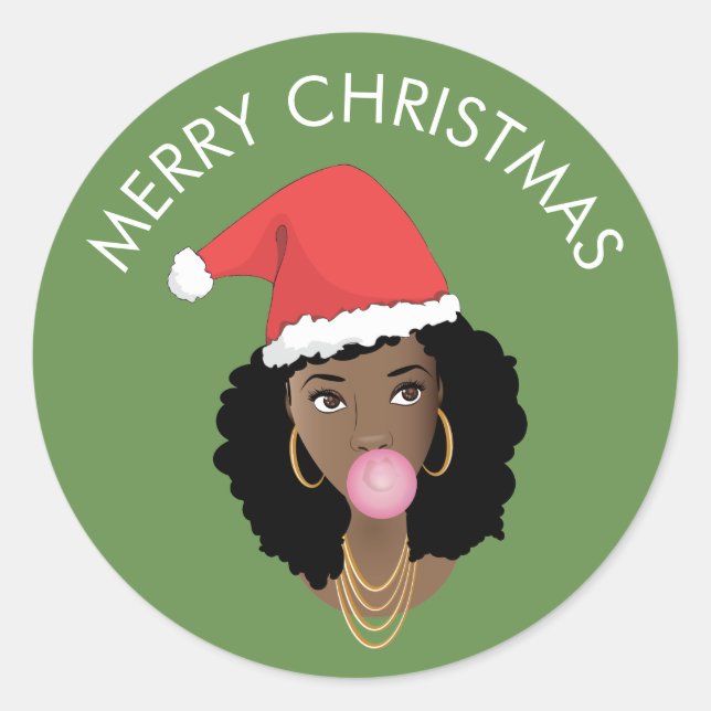 Pegatina Redonda Feliz Navidad Mujer Negra, Santa Hat, Bubblegum (Anverso)
