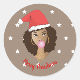Pegatina Redonda Feliz Navidad! Mujer negra, Santa Hat, Gum, Star
