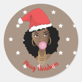 Pegatina Redonda Feliz Navidad! Mujer negra, Santa Hat, Gum, Star
