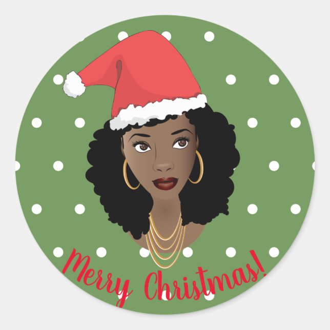 Pegatina Redonda Feliz Navidad! Mujer negra, Santa Hat puntos verde (Anverso)