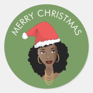 Pegatina Redonda Feliz Navidad, Mujer Negra, Sombrero Red Santa, Ve