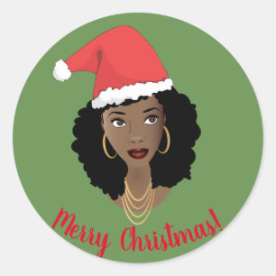 Pegatina Redonda Feliz Navidad, Mujer Negra, Sombrero Red Santa, Ve