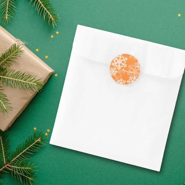 Pegatina Redonda Feliz Navidad Naranja moderno Patrón de copos de n (Subido por el creador)