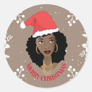 Pegatina Redonda Feliz Navidad, Natural Hair Beauty Santa, Holly 