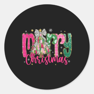 Pegatina Redonda Feliz Navidad Navidad Árbol Coquette Bow Familia P