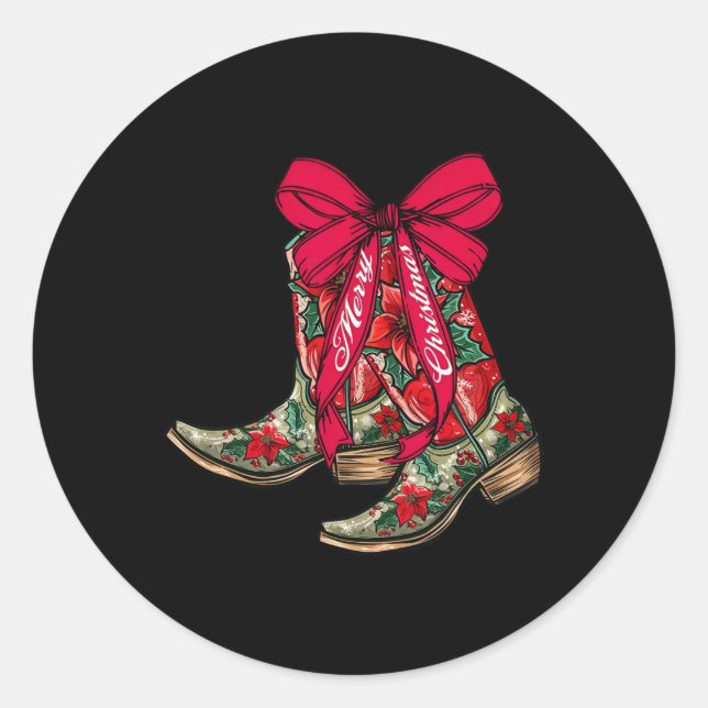 Pegatina Redonda Feliz Navidad Navidad Cowboy Boots Coquette Bow Pa (Anverso)