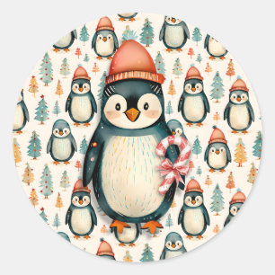 Pegatina Redonda Feliz Navidad Navidades de los pingüinos de époc