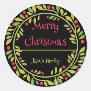 Pegatina Redonda Feliz Navidad - Navidades Wreath Family Name