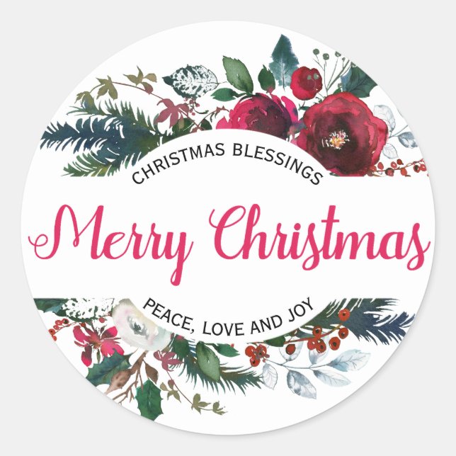 Pegatina Redonda Feliz Navidad navideño bendiciendo floral roja (Anverso)