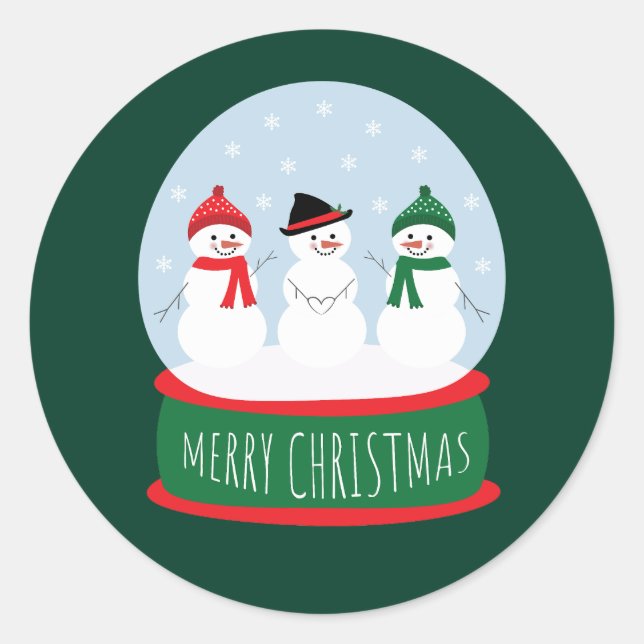 Pegatina Redonda Feliz Navidad Nieve Globe Snowmen (Anverso)