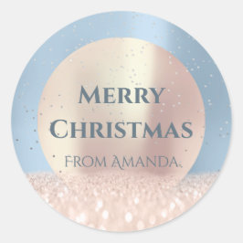 Pegatina Redonda Feliz Navidad Nieve Rosa Purpurina Smoky Blue