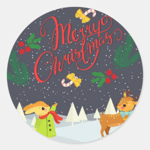 Pegatina Redonda Feliz Navidad Nieve y Holly