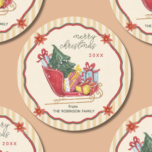 Pegatina Redonda Feliz Navidad Nombre de Familia Trineo Rayas