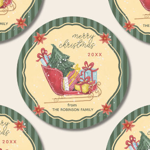 Pegatina Redonda Feliz Navidad Nombre de la Familia Trineo Rayas Ve