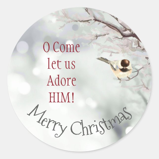 Pegatina Redonda Feliz Navidad O Ven A Dejarnos Adorarle Ave (Anverso)