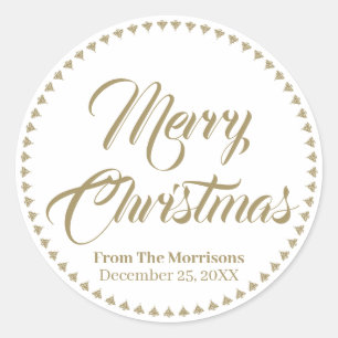 Pegatina Redonda Feliz Navidad oro blanco nombre de regalo