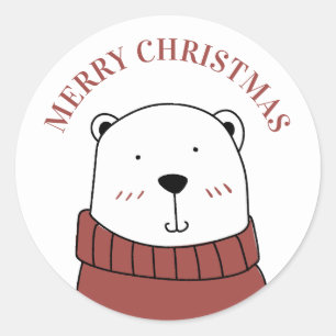 Pegatina Redonda Feliz Navidad. Oso de invierno. Animales divertido