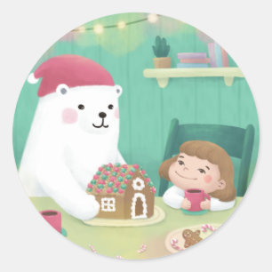 Pegatina Redonda Feliz Navidad: Oso Polar y Niño