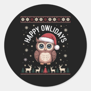 Pegatina Redonda Feliz Navidad Owlidays Santa Sombrero Reno Ciervo