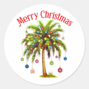 Pegatina Redonda Feliz Navidad Palm Tree Light Tropical Hawaiano