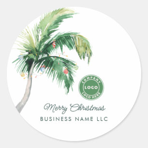Pegatina Redonda Feliz Navidad Palma Árbol Costero Logotipo Empresa