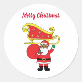 Pegatina Redonda Feliz Navidad Papá Noel afroamericano
