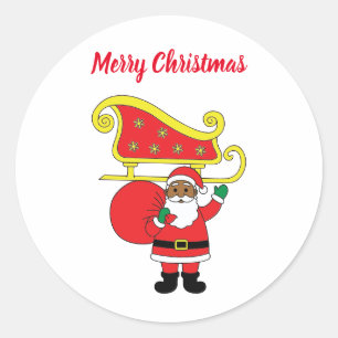 Pegatina Redonda Feliz Navidad Papá Noel afroamericano