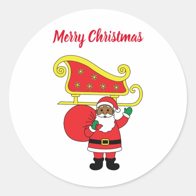 Pegatina Redonda Feliz Navidad Papá Noel afroamericano (Anverso)