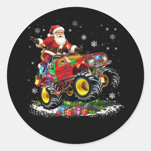 Pegatina Redonda Feliz Navidad Papá Noel Monstruo Camión F (Anverso)