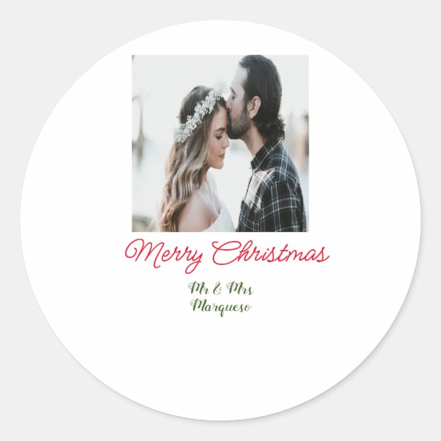 Pegatina Redonda Feliz Navidad pareja foto añadir nombre feliz navi (Anverso)