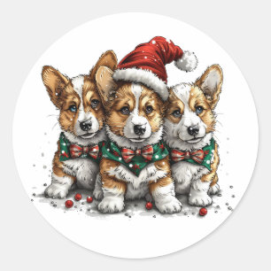 Pegatina Redonda Feliz Navidad Pembroke Corgi galés cachorros