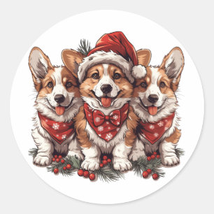 Pegatina Redonda Feliz Navidad Pembroke Corgi galés cachorros