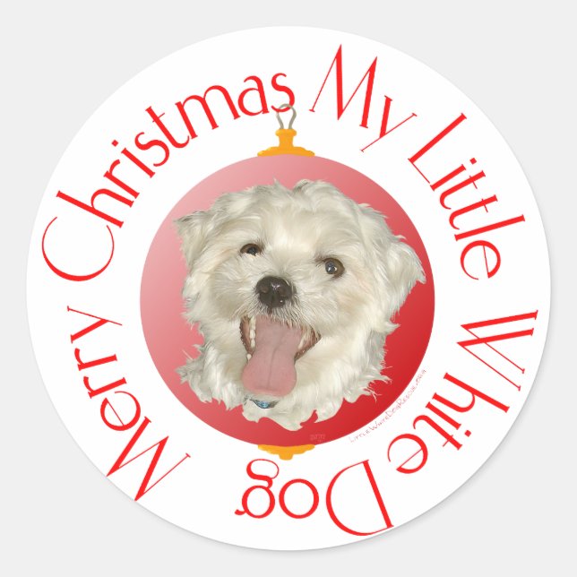 Pegatina Redonda Feliz Navidad Perrito Blanco (Anverso)