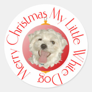 Pegatina Redonda Feliz Navidad Perrito Blanco