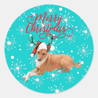 Pegatina Redonda Feliz Navidad Perro Basenji