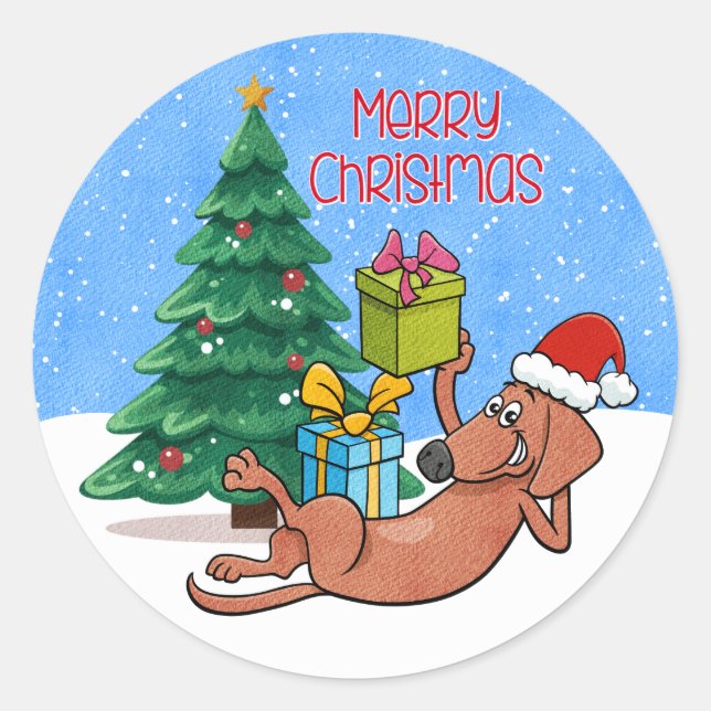 Pegatina Redonda Feliz Navidad Perro Festivo  (Anverso)