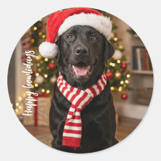 Pegatina Redonda Feliz Navidad Perro Labrador Negro Howlidays