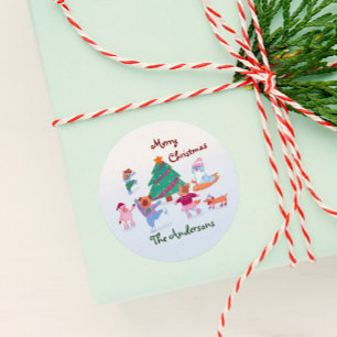 Pegatina Redonda Feliz Navidad Perro Patinaje de Hielo Nombre Regal